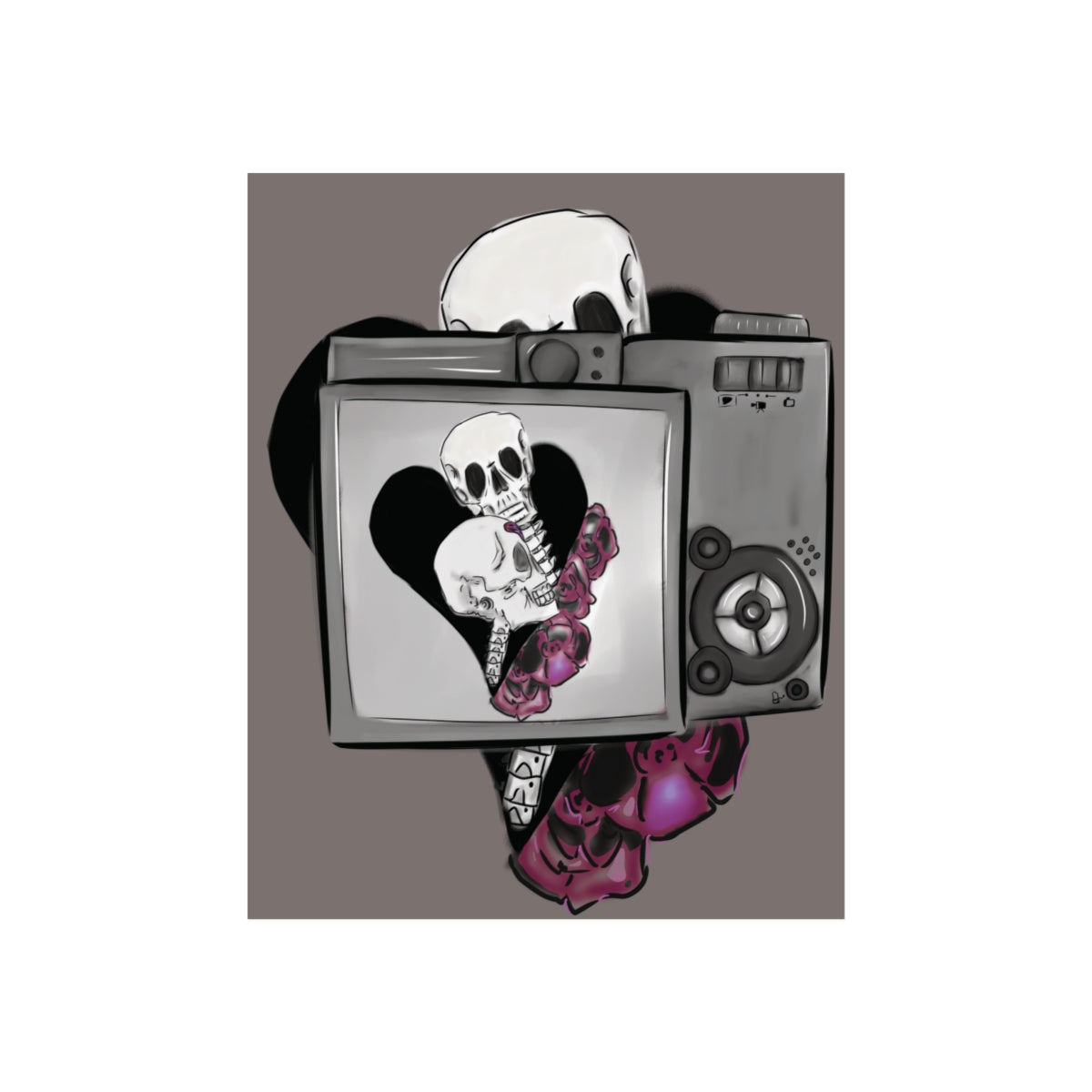 camer with a design of a skull and roses on a gray background