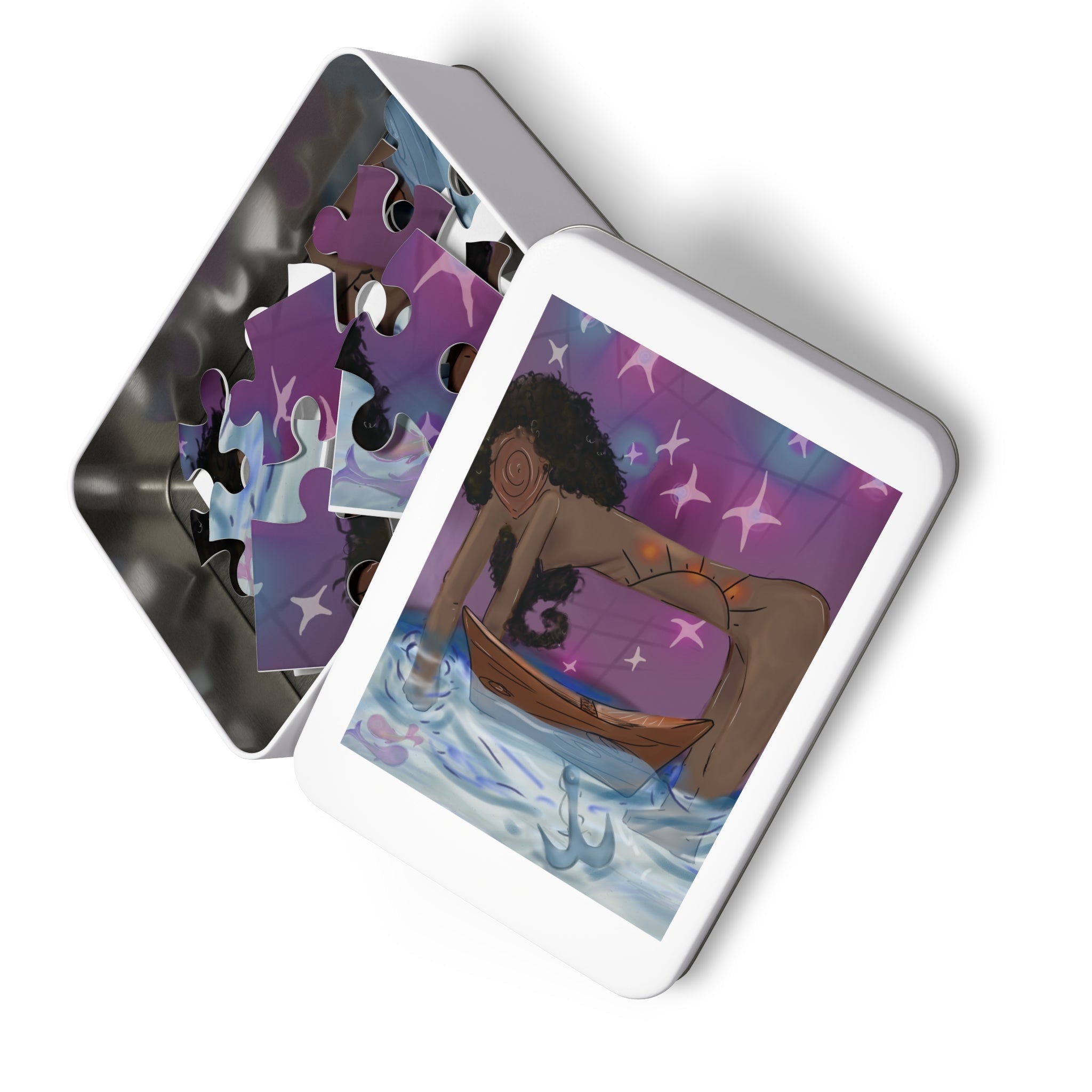 Jigsaw puzzle with a colorful design of a woman in a white box on a white background