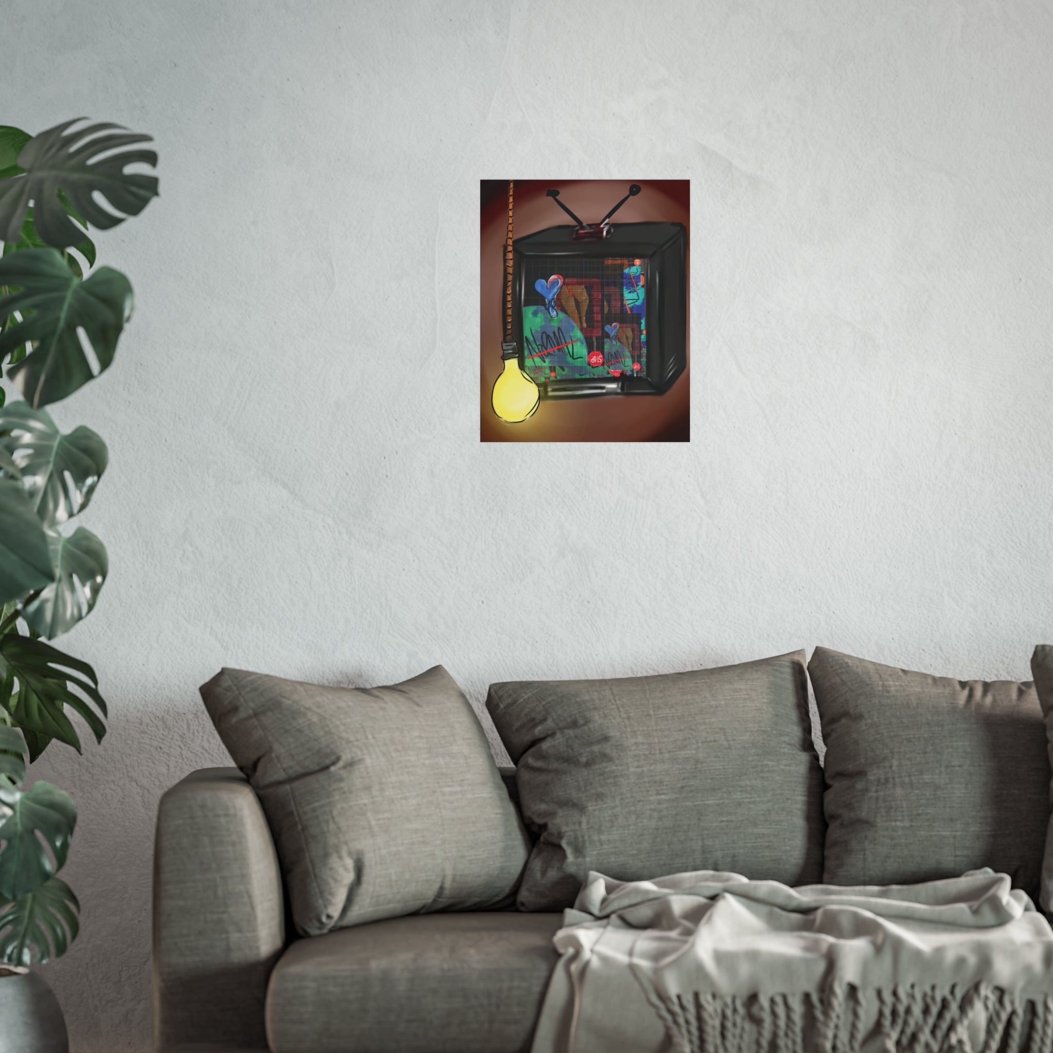 Wooden sideboard with decorative items in a room with a plant and wall art.