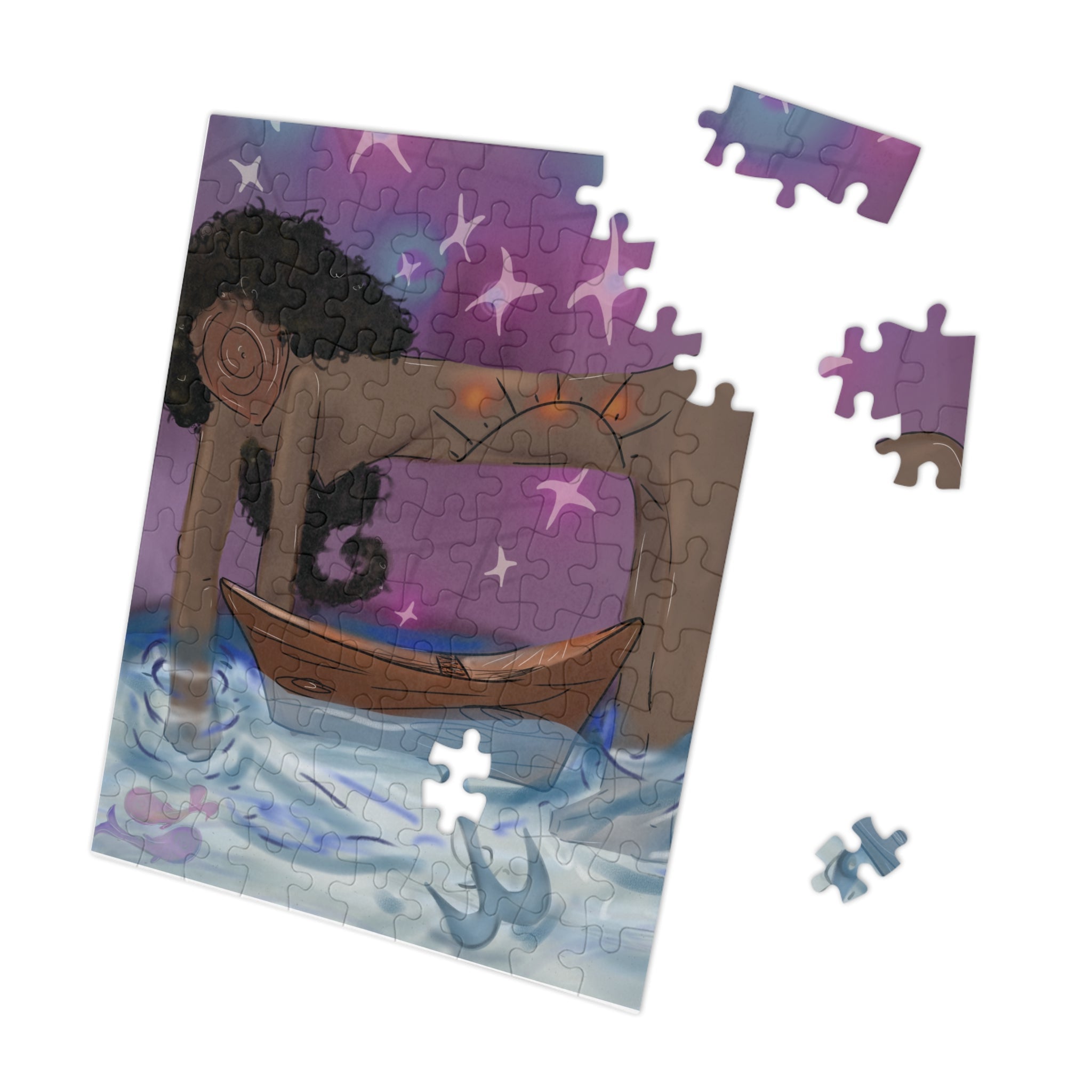 Jigsaw puzzle with a partially completed design of a person with a hat and colorful background.