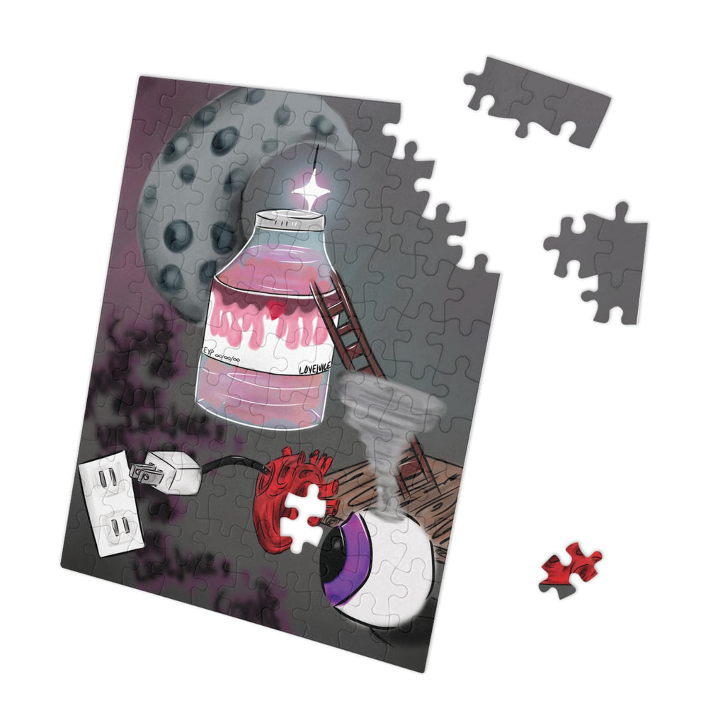 Jigsaw puzzle with a partially completed design on a white background