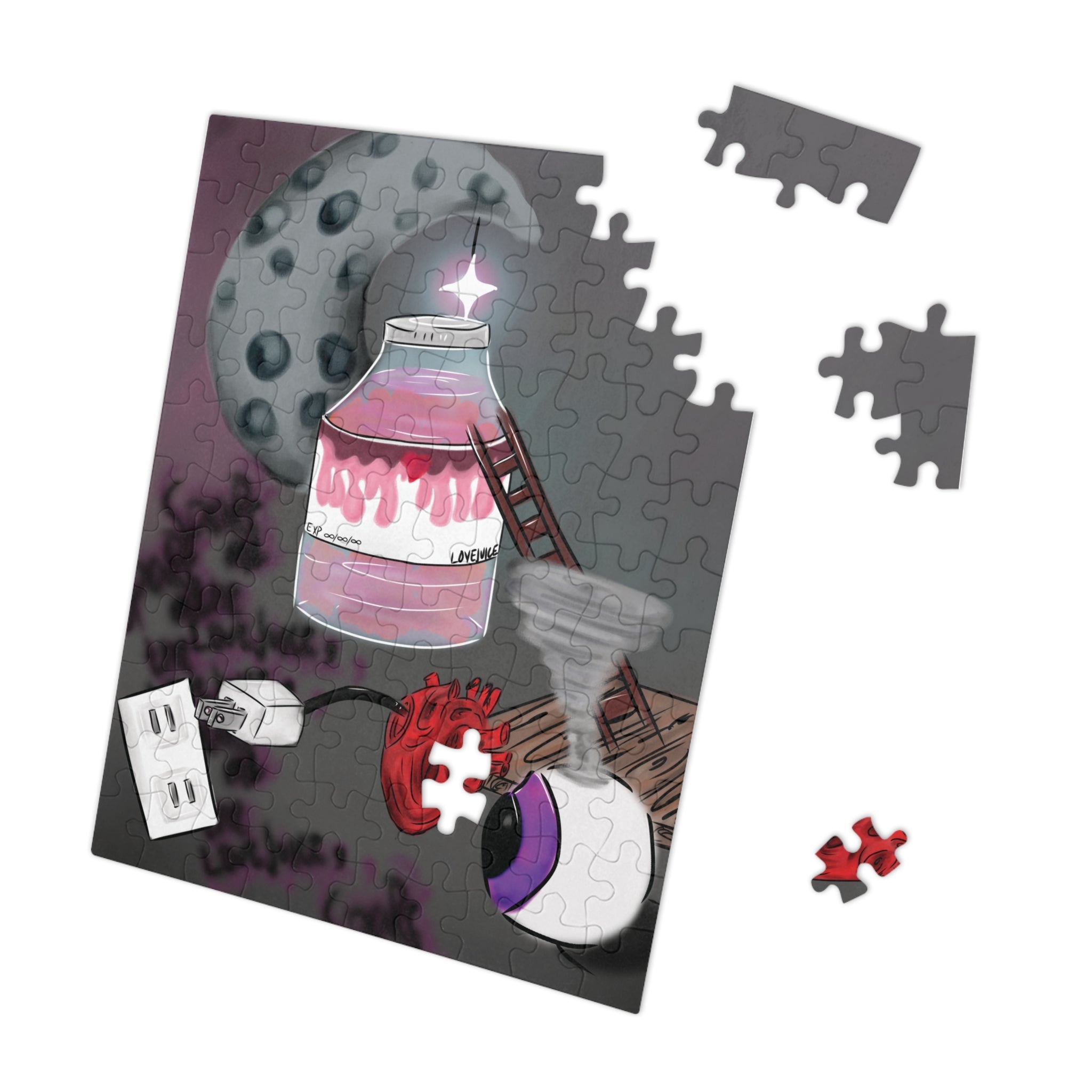 Jigsaw puzzle with a partially completed design on a white background