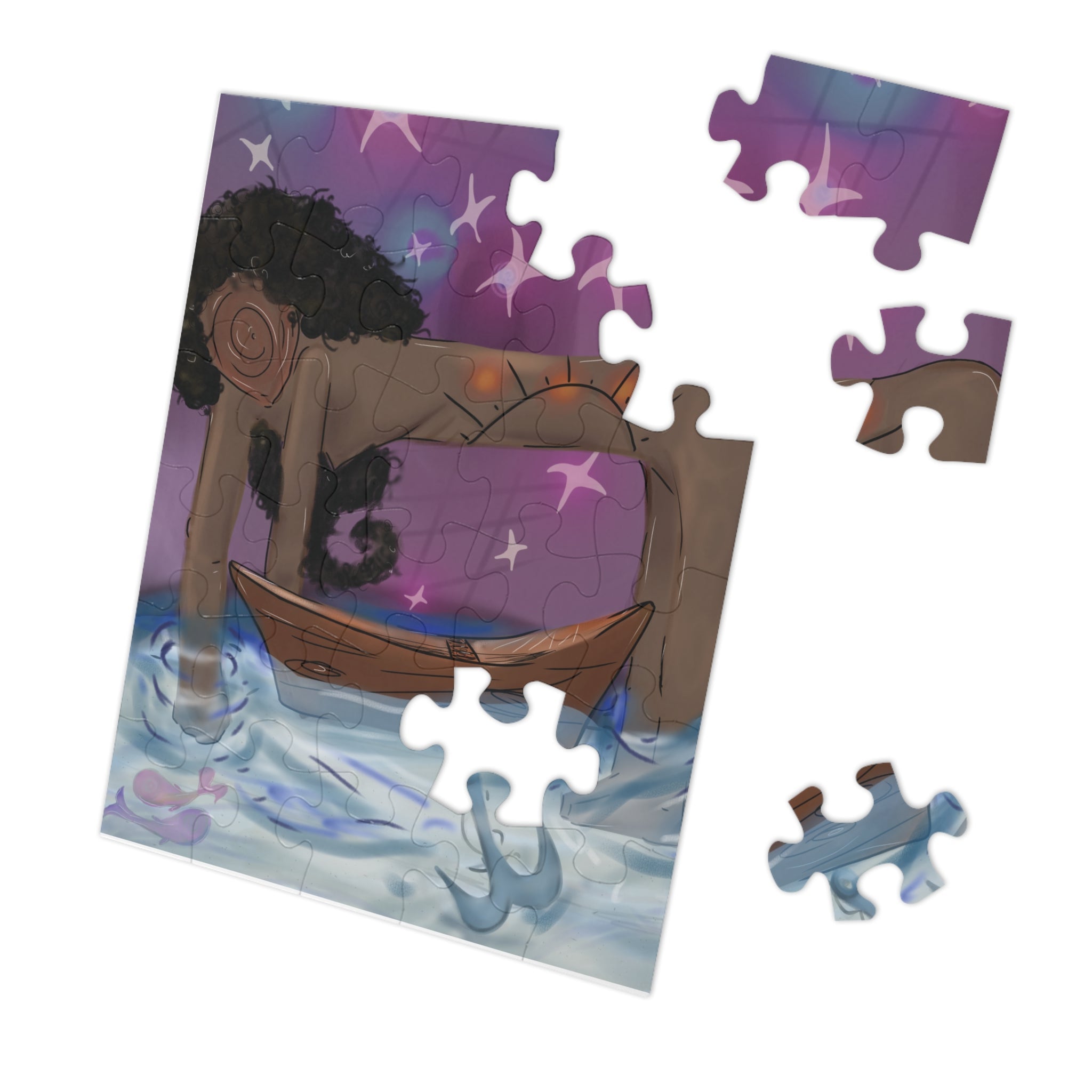 Jigsaw puzzle with a purple character and boat on a white background