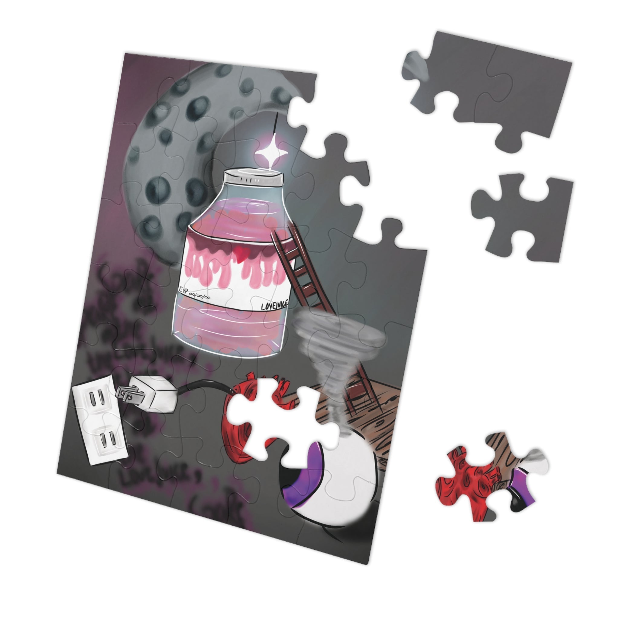 Puzzle with a partially completed design of a character with a red cape and white hair, surrounded by puzzle pieces.
