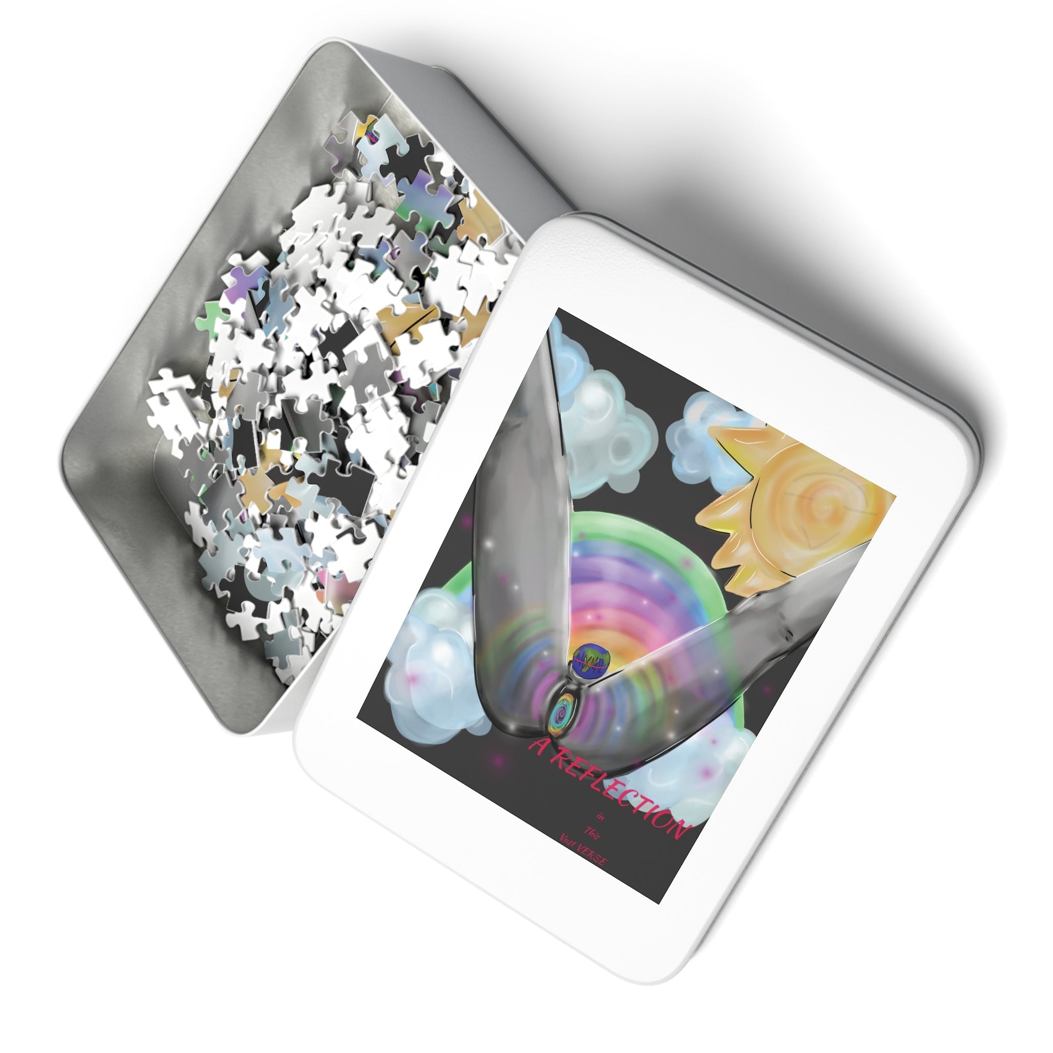 Jigsaw puzzle in a tin box with a colorful illustration on the lid