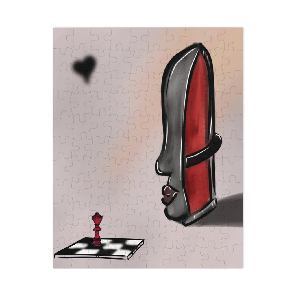 Jigsaw puzzle with a completed section showing a stylized figure and abstract elements.