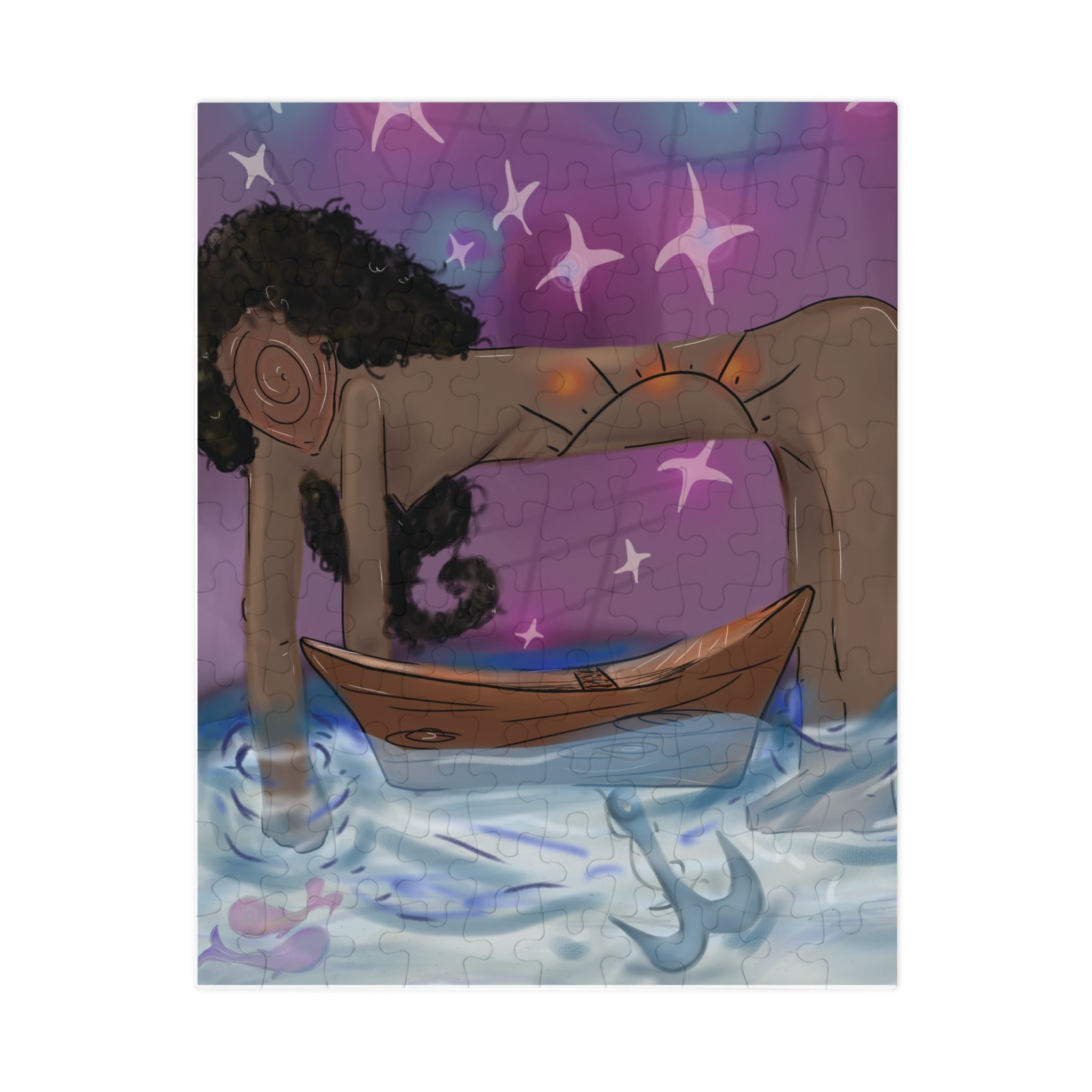Partial puzzle with a character in a chair on a colorful background