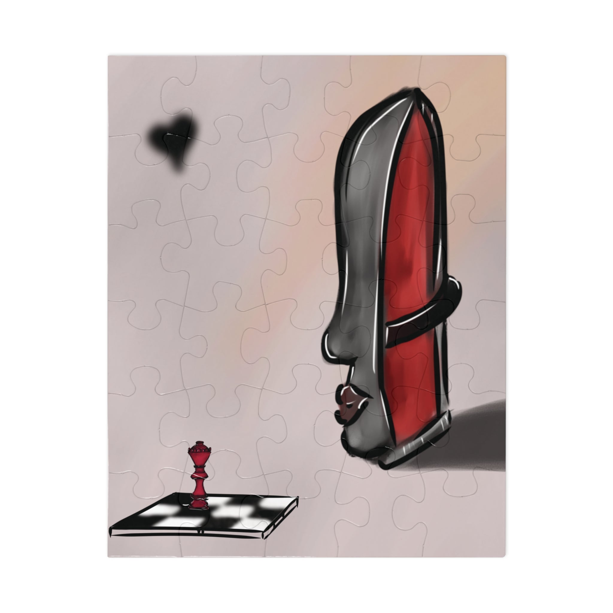 Jigsaw puzzle with a partially completed design of a red and black object on a light background