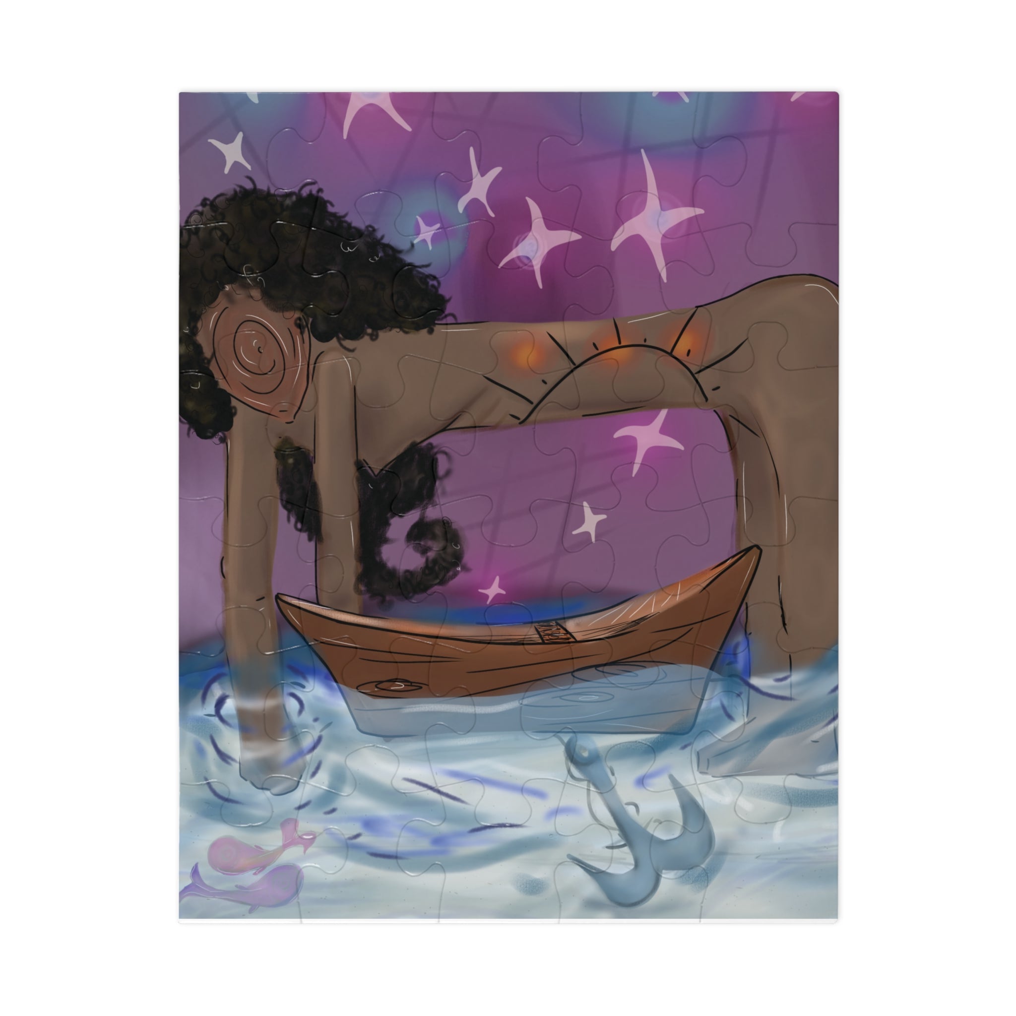 Cartoon character with a purple headband and starfish on a colorful background