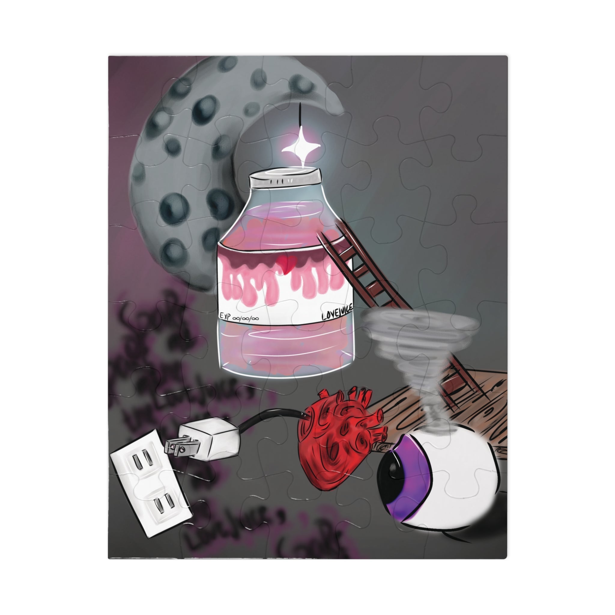 Jigsaw puzzle with a bottle of hand sanitizer, plug, and heart-shaped object on a white background.