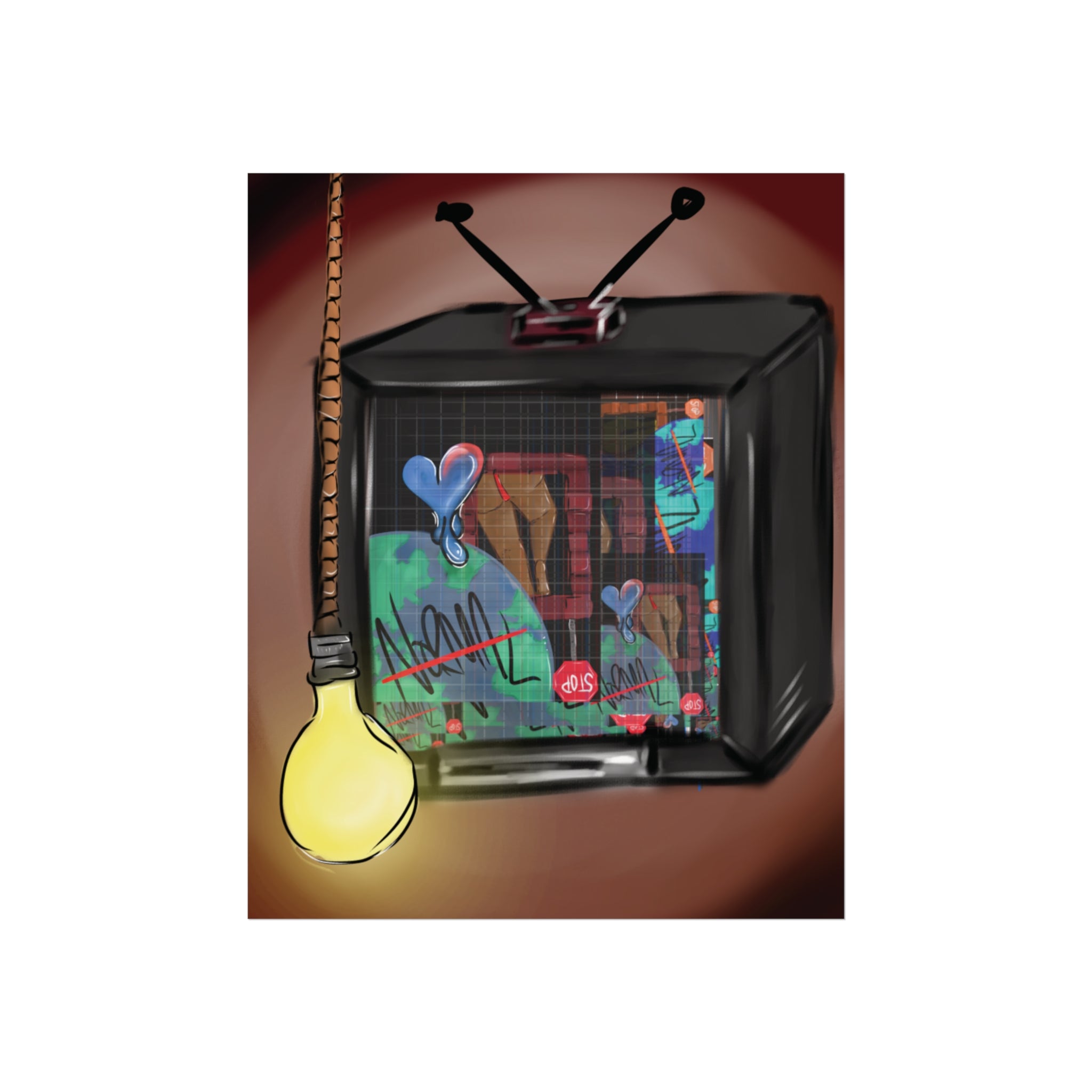 Vintage-style television with a light bulb and colorful screen displaying abstract art.